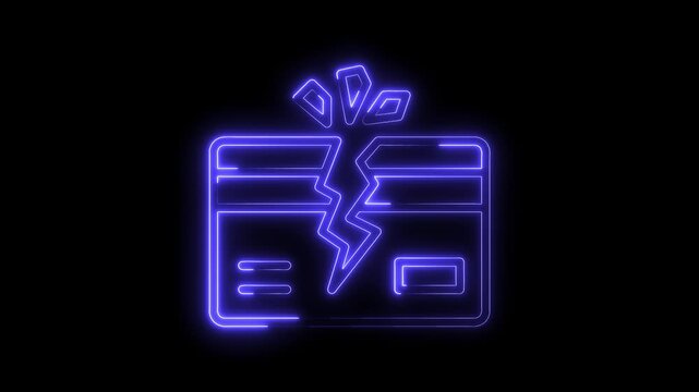 Broken credit card neon glow on black background illustrating financial issues