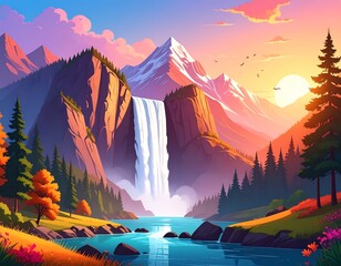 Colorful Mountain Waterfall Landscape.