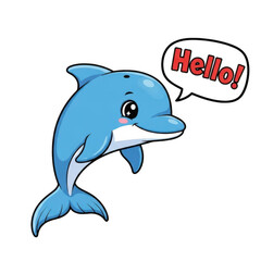 Fototapeta premium Cute cartoon blue dolphin waving hello isolated on transparent background