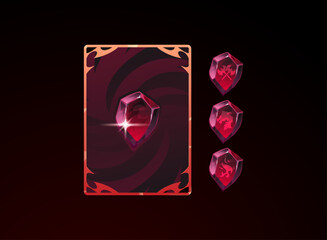 Fantasy red crystal card back with elemental rune variations. Magic fire gem TCG card back design with dragon, flame, and power symbols for RPG, strategy, and collectible card games.
