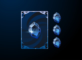 Fantasy blue crystal card back with elemental air, frost, ice, and shark runes. RPG and TCG collectible card design featuring glowing gemstone variations and swirling arcane background