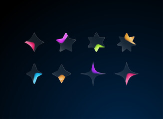 Glassmorphism gradient sparkle and star light effects set. Premium glowing UI icon pack with glossy highlights and vibrant neon colors for fantasy interface, sci-fi HUD