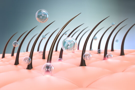 Nourish hair scalp with shampoo or serum, Repair damaged hair concept, 3D rendering