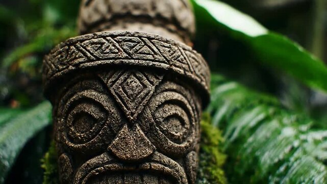 Ancient Stone Tiki Idol Emerges from Lush Green Jungle Foliage.