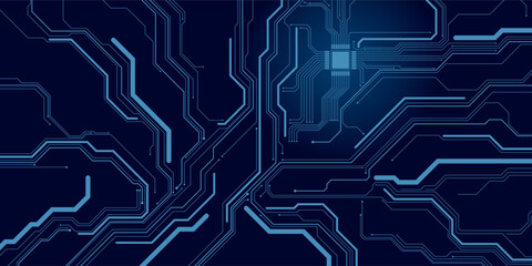Circuit board background. Modern AI innovation concept. Tech pattern in electric blue. Artificial Intelligence chip with thin line wires on a dark blue presentation cover. Digital vector illustration.