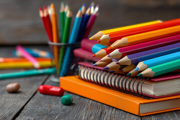 Fototapeta premium Colorful pencils and notebooks on wooden desk for creativity