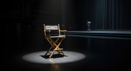 A spotlight illuminates a director's chair positioned centrally on a stage, creating a sense of anticipation and drama.