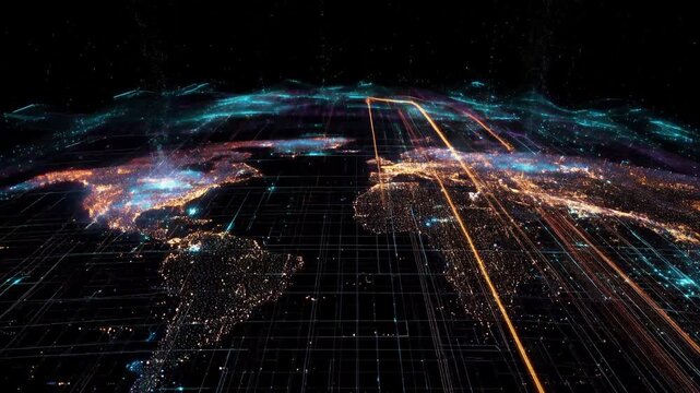 Global Digital Network Map with Dynamic Grid Motion and Glowing Data Flow