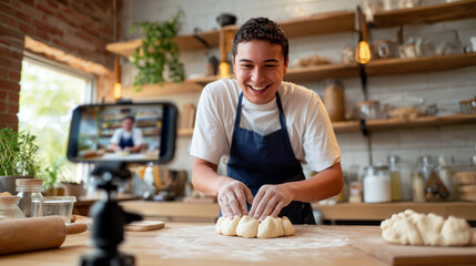 Young Baker Smiling While Preparing Dough in Modern Kitchen with Smartphone on Table