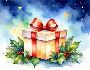 Watercolor gift box with red ribbon, holly, stars