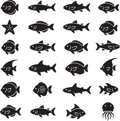 Fototapeta premium Aquatic Icons: A collection of various silhouette fish and marine life illustrations,perfect for design and thematic project. 