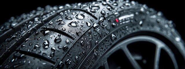 Close-Up of a Wet Tire with Water Droplets on a Black Background Highlighting Texture and Detail
