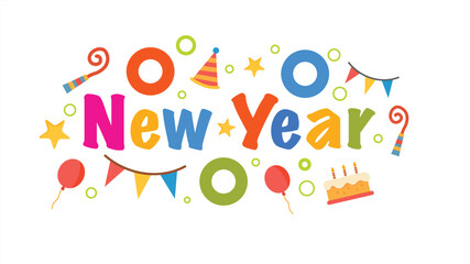 Colorful new year celebration typography with festive decorations