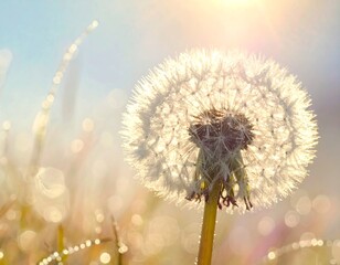 Close-up shot of a beautiful dandelion clock with sunlight in the background