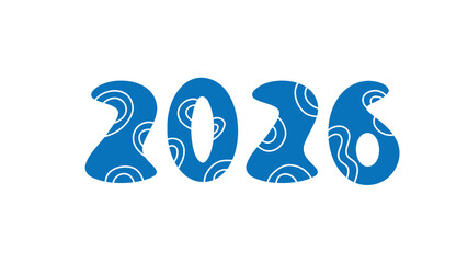 Blue 2026 typography with abstract circular wave patterns