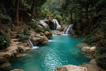 Naklejka premium Turquoise waterfall cascading into a tranquil pool, surrounded by lush jungle
