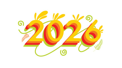 Naklejka premium Colorful yellow red 2026 typography with green decorative leaves