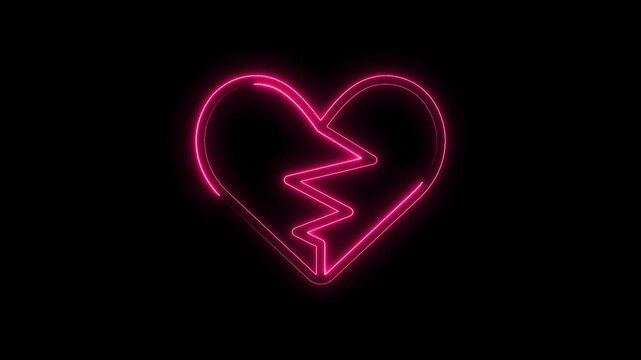 Animated pink neon broken heart glowing on a black background heartbreak concept