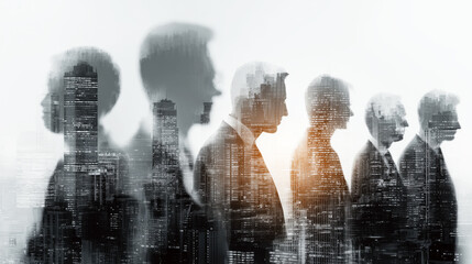 Business Professionals in Silhouette Over Cityscape with Urban Blend and Double Exposure Effect