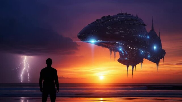 mans silhouette observes massive futuristic spaceship hovering over beach at dramatic sunset Lightning flashes through dark clouds on the left contrasting with the vibrant orange sky