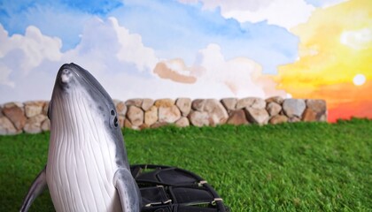 Whale model on green grass