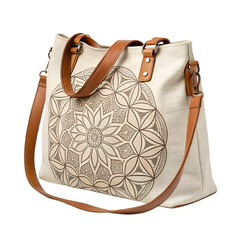 Canvas tote bag with large mandala design and tan leather straps cream beige