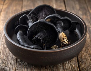 Black Morel Mushrooms in Bowl on Wooden Table.