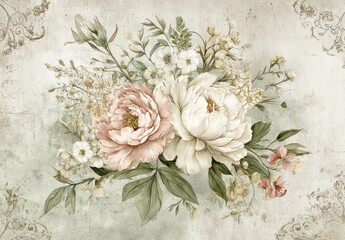 A delicate floral arrangement in soft pastel shades, featuring a bouquet of peonies, blossoms, and foliage, on a textured, antique-inspired backdrop.
