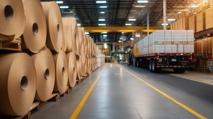 Paper Rolls and Truck in a Modern Warehouse Setting with Bright Lighting and Organized Space
