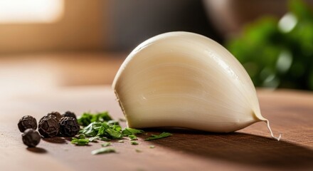 shot showcases a fresh garlic clove positioned prominently on a wooden surface, accompanied by peppercorns and fresh, chopped herbs for added visual detail, all set against a softly blurred...