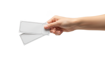 Hand holding blank paper envelope with dashed line isolated on transparent background