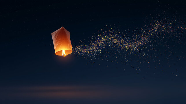 Glowing sky lantern soaring into the night sky, a symbol of hope and celebration, perfect for festivals, weddings and cultural events under the stars