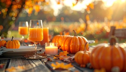 Rustic Thanksgiving table setting outdoors with pumpkins, candles, and juices. Surrounded by autumn leaves, cozy atmosphere, and warm seasonal home decoration in natural light