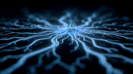 Dynamic abstract neural network with glowing blue energy pathways and digital data flow, representing connection and innovation