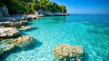 Idyllic tropical beach turquoise water and rocky coastline paradise vacation