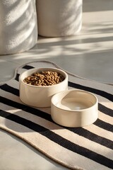 Ceramic pet food and water bowls, modern and simple interior