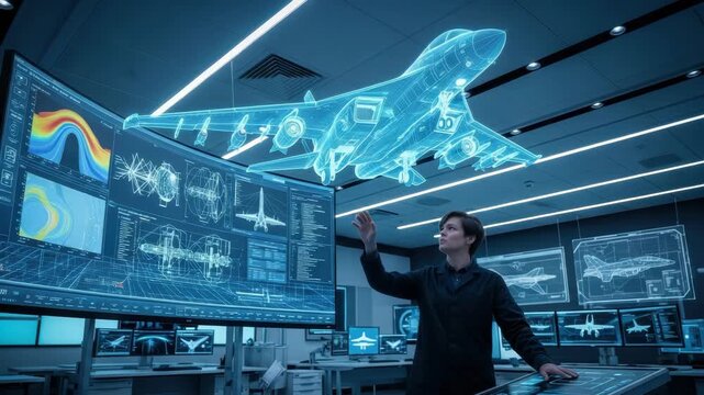 person interacts with holographic fighter jet projection in futuristic control room Large screens display complex engineering schematics flight data and aircraft blueprints