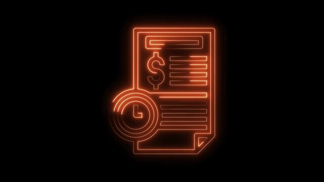 Glowing neon animation of financial invoice with clock business financial management due date concept