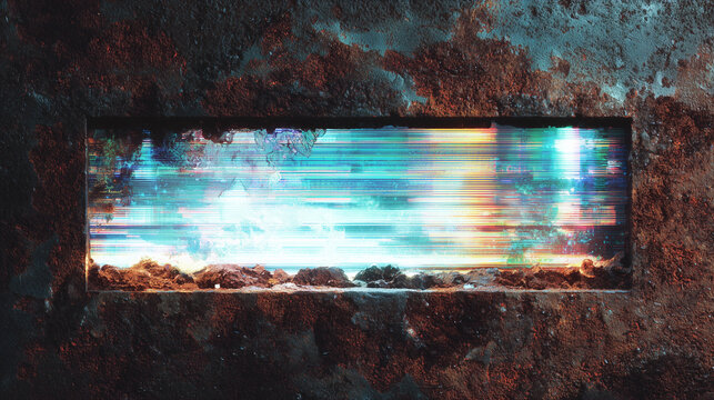 Abstract digital glitch art with vibrant light streaks seen through a distressed, textured frame, conveying futuristic energy and a broken signal