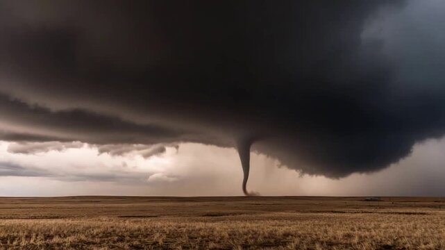 Majestic Tornado Sweeps Across a Vast, Empty Prairie Under Dark Storm Clouds.