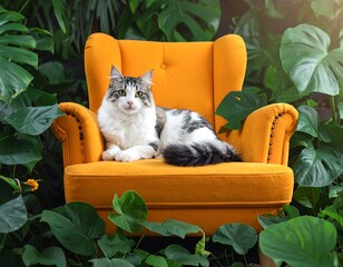 Orange Chair Cat Relaxing in Lush Plants.