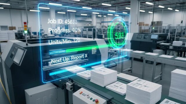 industrial production machine in factory setting features an augmented reality overlay displaying real-time job metrics like progress units per minute and next task with printed stacks moving on conve