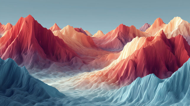 Vibrant abstract mountain landscape rendered with striking textured lines in warm sunset hues and cool ocean blues, evoking digital art and fantasy.