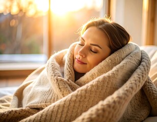 Woman Wrapped in a Cozy Knit Blanket at Sunrise