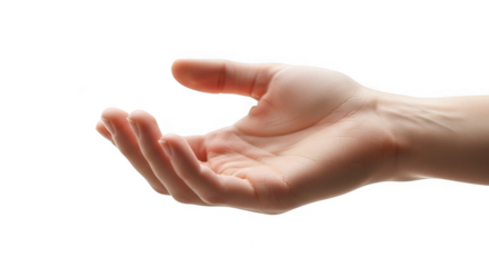 Open hand palm extended isolated on transparent background, human gesture for help or offer
