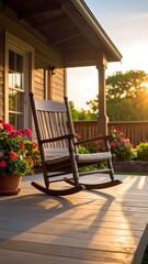 Wooden Rocking Chair on Porch at Golden Sunset