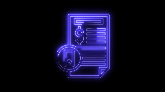 Glowing blue neon financial report with bookmark icon on dark background animation
