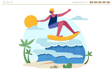 Surfer riding a wave at the beach under a yellow sun