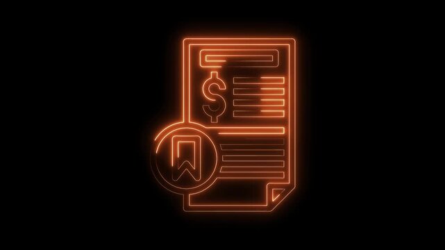 Glowing neon invoice with bookmark icon animation isolated on black background accounting concept