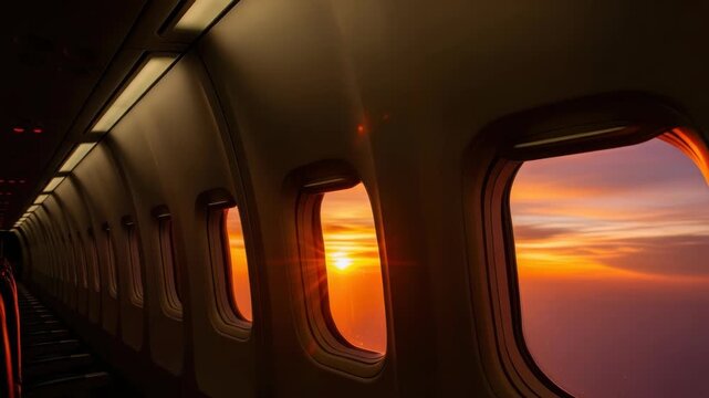 airplane cabin view of stunning sunset The sky through the windows glows with fiery orange red and purple hues The bright sun illuminates the dim interior and rows of empty seats